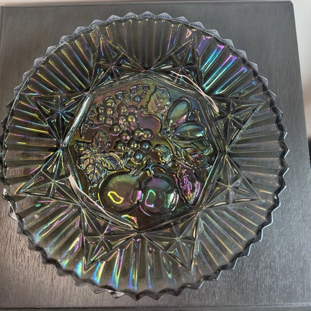 Vintage INDIANA Carnival Glass Serving/Jewelery Platter Iridescent Fruit‎ 11.5
